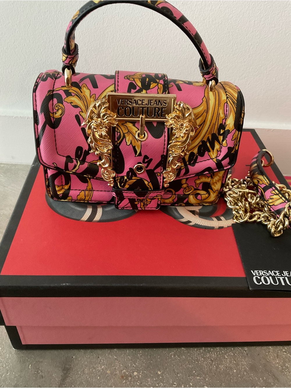Versace Jeans Collection Pink & Gold Baroque Mini Top-Handle Bag